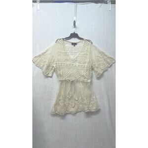 LANE BRYANT Cover Up Sz 18/20 Sheer Embroidered Lace V-Neck Cinched Nylon‎ Ivory